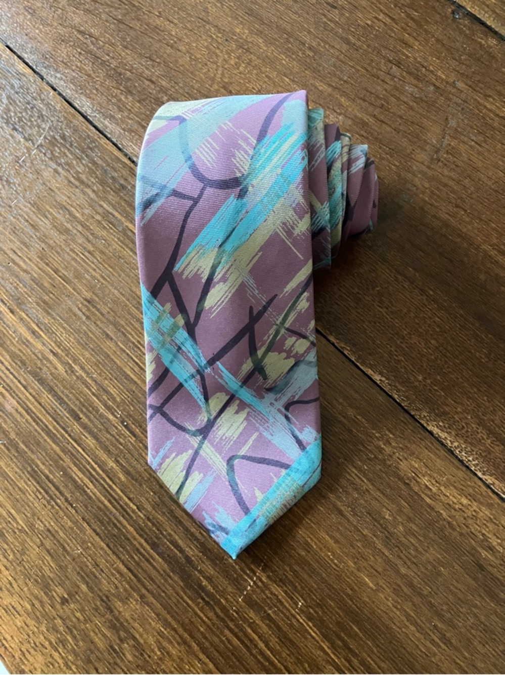 Vintage Lanvin Lilac, Tuquoise and Yellow Brushstroke Pattern Tie - Picture 5 of 6